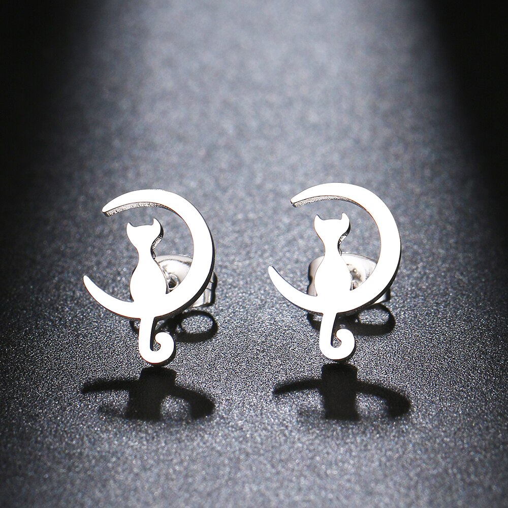 Rustfrit stål øreringe måne kat søde øreringe klassiske enkle øreringe til kvinder 2022 smykker bryllupsfest: Sølv