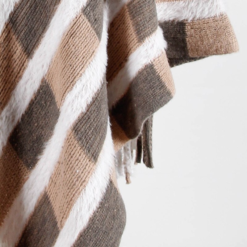 Autumn winter striped Cloak shawl Pullover knitted sweaters women Fringed cloak shawl Fur shawl fringed cape knit sweaters women