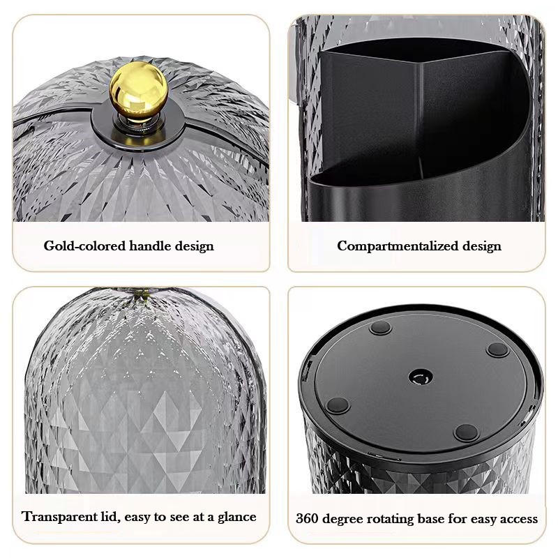 Porta brochas de maquillaje con tapa Diamond Birdcage 360 ° Organizador de maquillaje giratorio, caja de almacenamiento de cosméticos a prueba de polvo, contenedor de lápiz labial