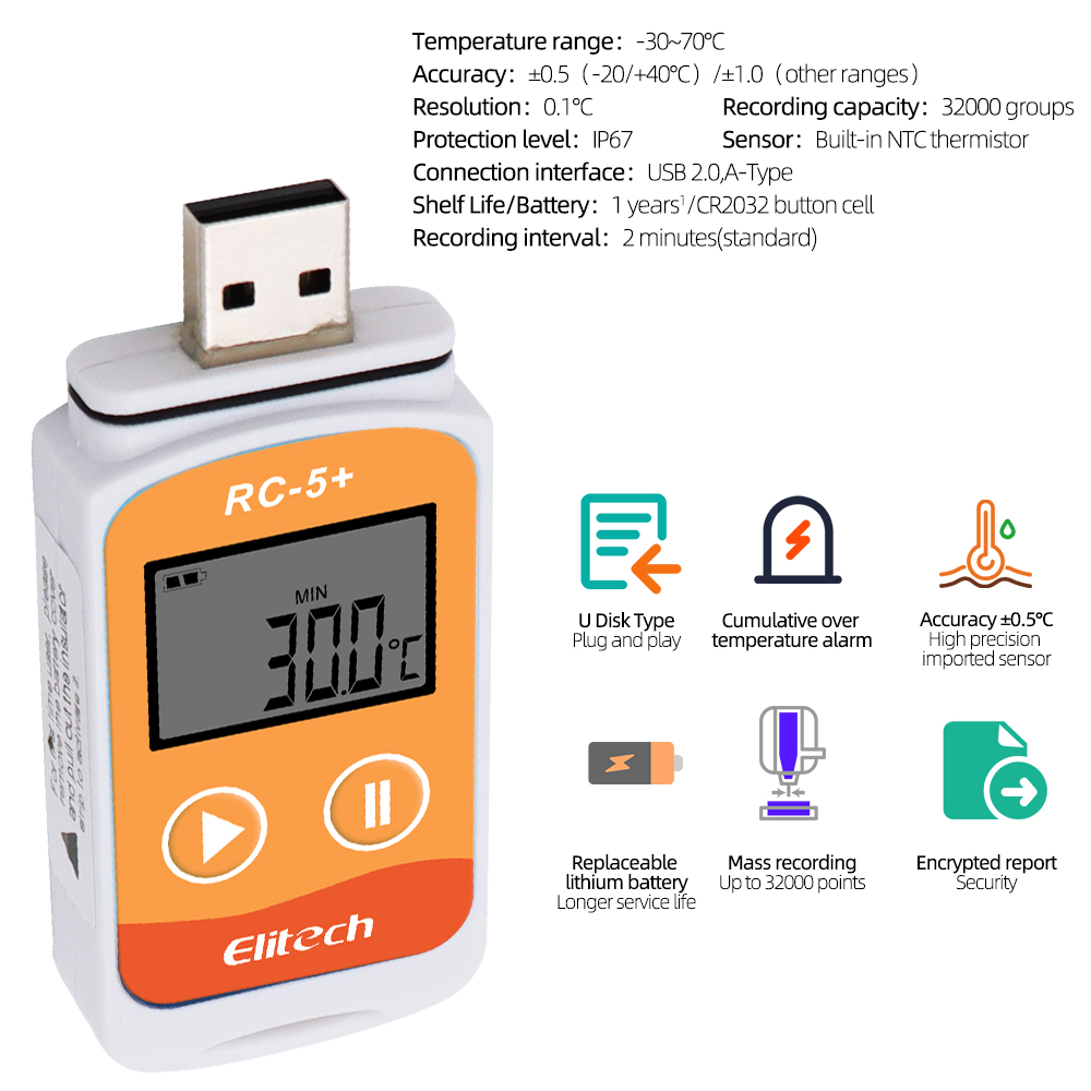 Elitech RC-5+ USB Data Logger - Genanvendelig PDF Temperatur Data Logger til Kølekæde