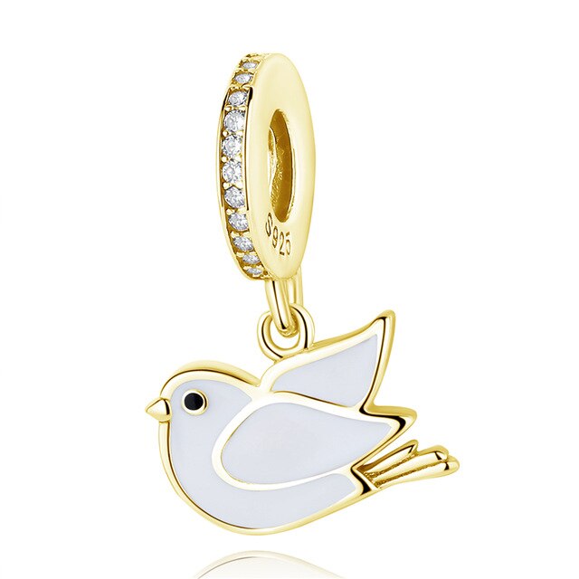 Novo 925 Sterling Silver Bead Rosa Flamingo & Papagaio Colorido Pingente Encantos De Cristal Beads Fit Pulseiras Jóias Originais: gold pigeon