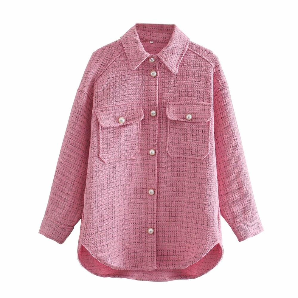 Dame efterår tweed jakke femme vinter femme frakke med turn-down krave med lomme lange ærmer oversize outwear frakke