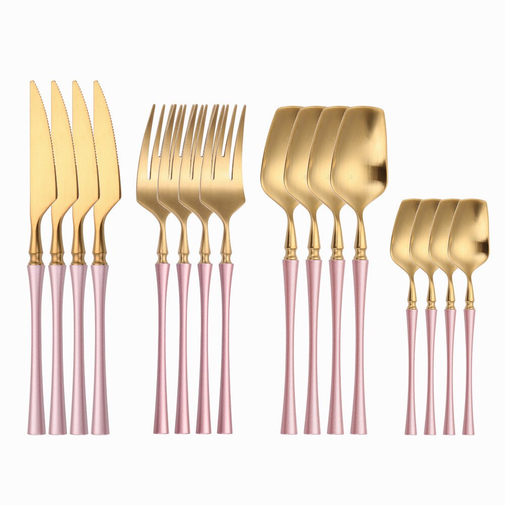 Rose Gold Tableware Forks Spoons Knives Dinnerware Set Stainless Steel Western Cutlery Set Silver Kitchen Utensils Dropshopping: pink gold 16pcs