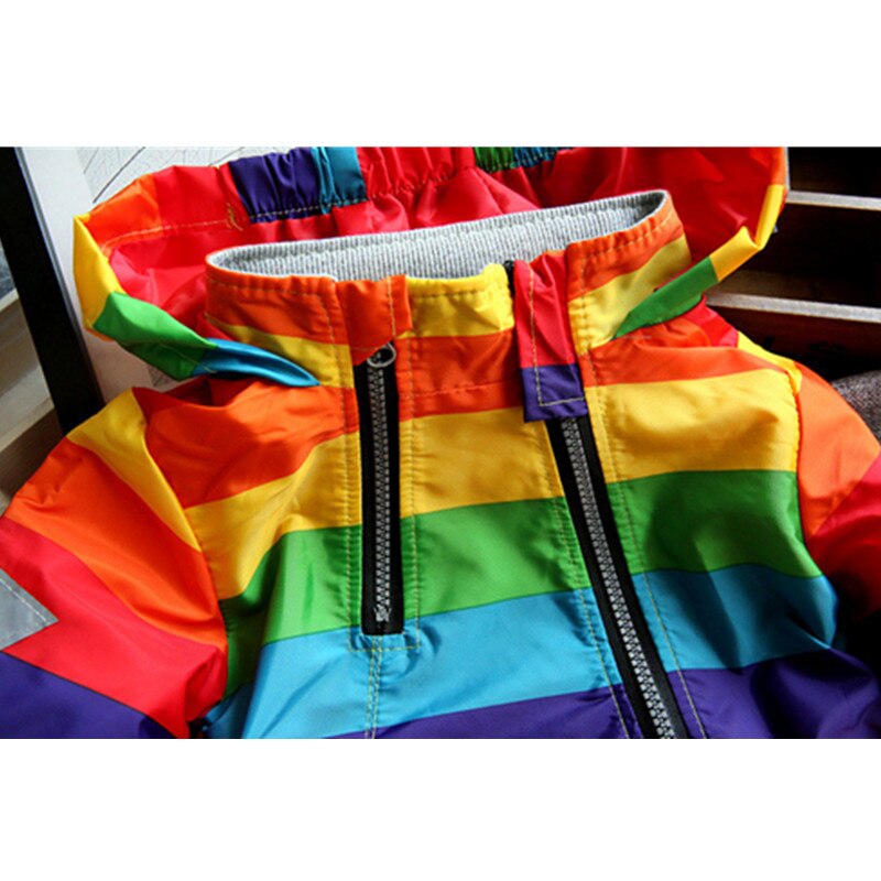 Baby Boys Girls Rainbow Coat Hooded Sun Water Proof Children's Jacket Rainbow Stripe Jacket Long Sleeves For Kids Clothes