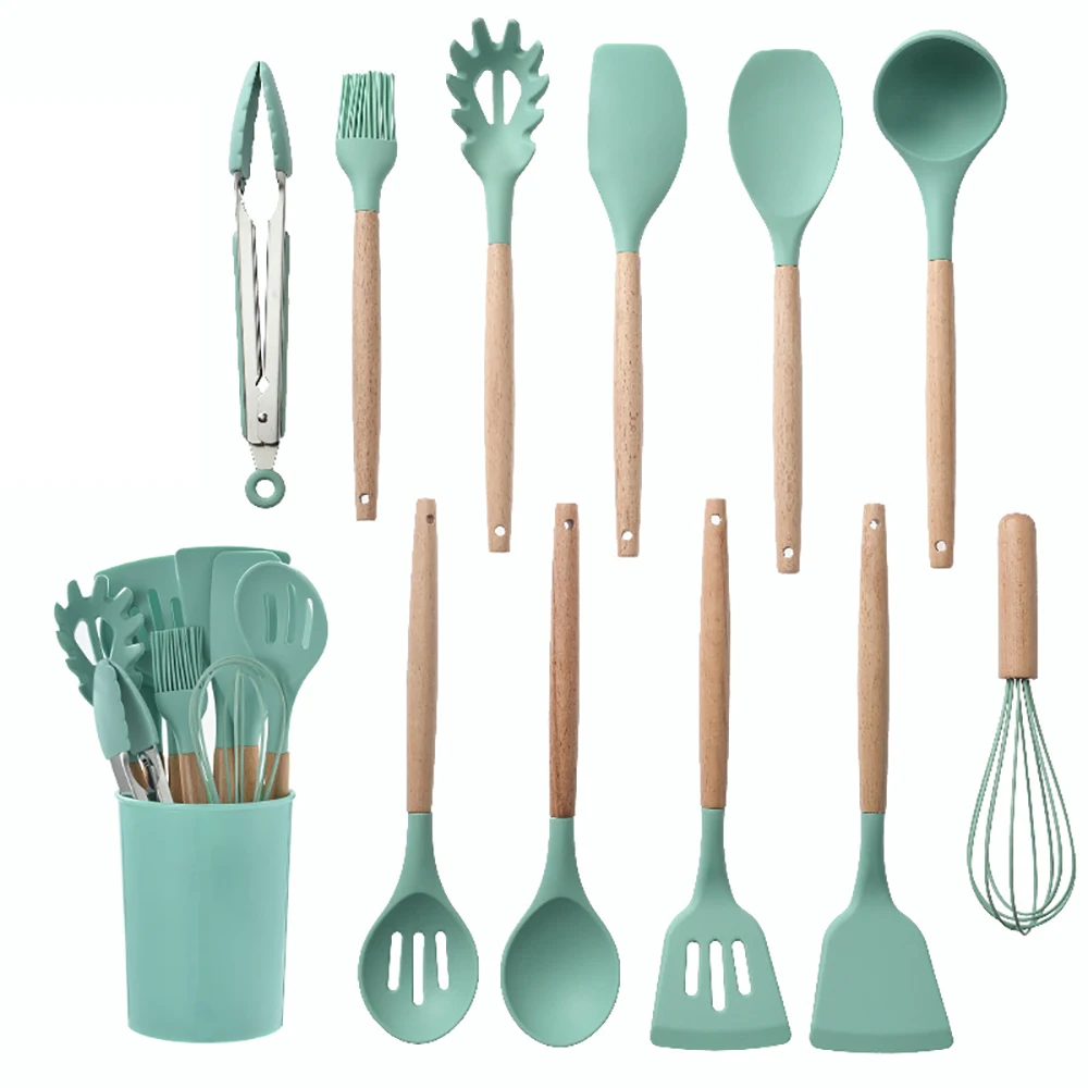 Silicone Kitchenware Cooking Utensils Set Non-stick Cookware Spatula Shovel Egg Beaters Wooden Handle Kitchen Cooking Tool Set: light green