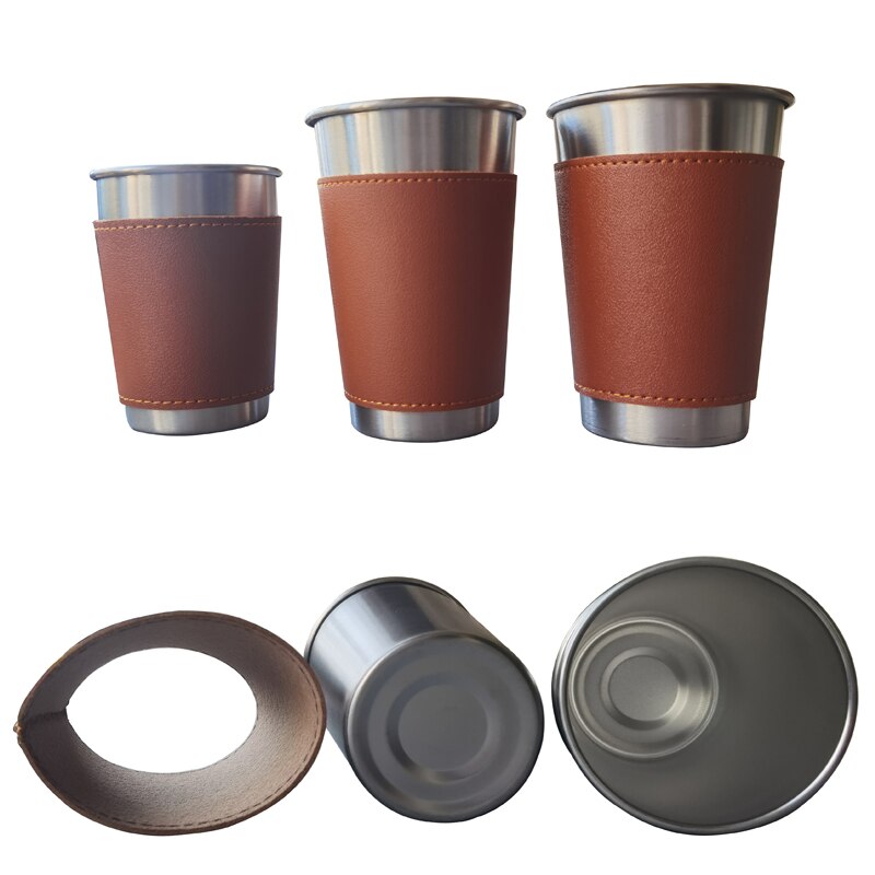 4 Stks/partij 10-16Oz Outdoor Camping Servies Reizen Cups Set Rvs Leather Case Drinken Glazen Beer Cup koud Drankje Cup