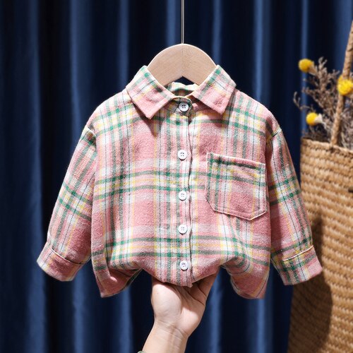 Camisas a cuadros para niñas, ropa cálida de algodón para niños, blusa informal clásica de manga larga con botones, color rosa y verde: Rosa / 4 años