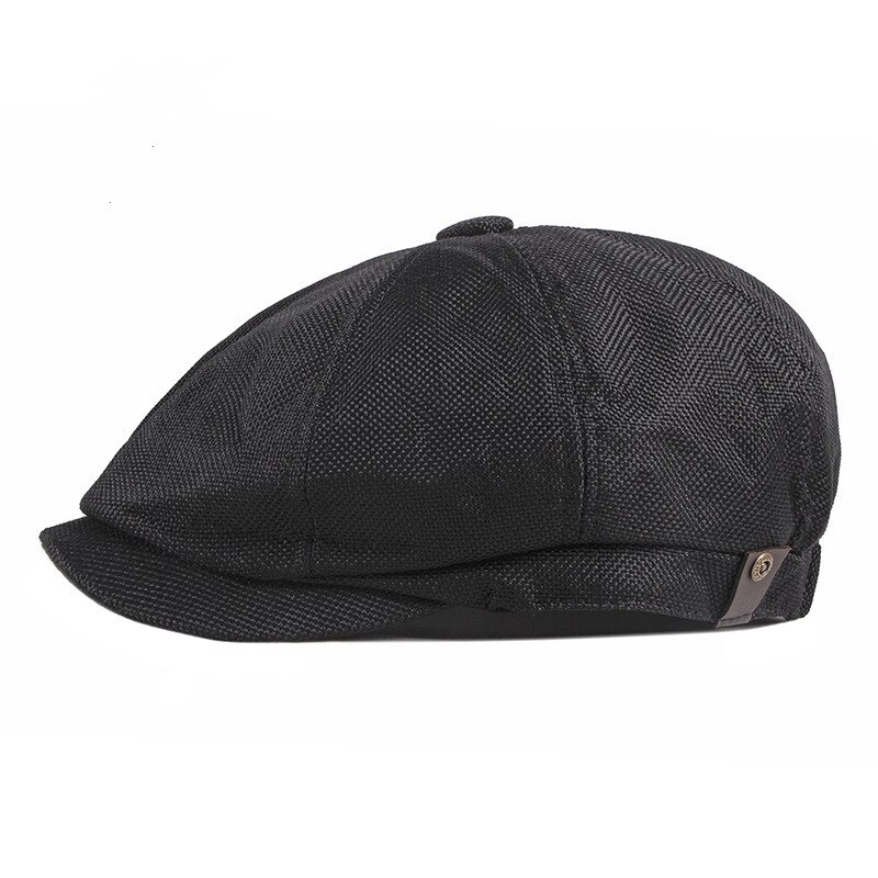 Sombrero de boina de lino estilo británico para hombre, gorra plana estilo hiedra, clásica, transpirable, con visera de hueso: Negro