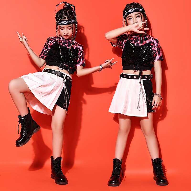 Jazz trajes de baile callejero para las niñas de manga corta leopardo Tops blanco faldas ropa de baile Hip Hop etapa trajes de vestir DN8157