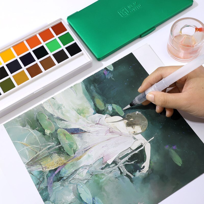Owin-Juego de acuarelas portátil, suministros de Arte de pintura de acuarela sólida, con pincel de acuarela transparente, 18/24 colores