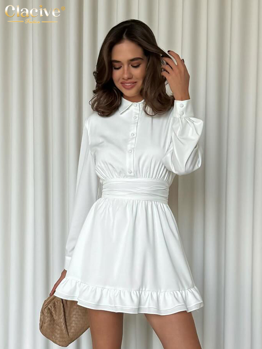 Clacive Loose White Women's Dress Lapel Long Sleeve Mini Dresses Casual High Waist Pleated Female Dress