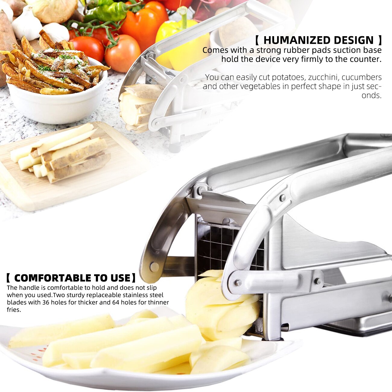 Stainless Steel French Fry Cutter,Vegetable and Potato Slicer,with 2 Blade Size Cutter Option,Safe Slice Meal Pre Easy Install