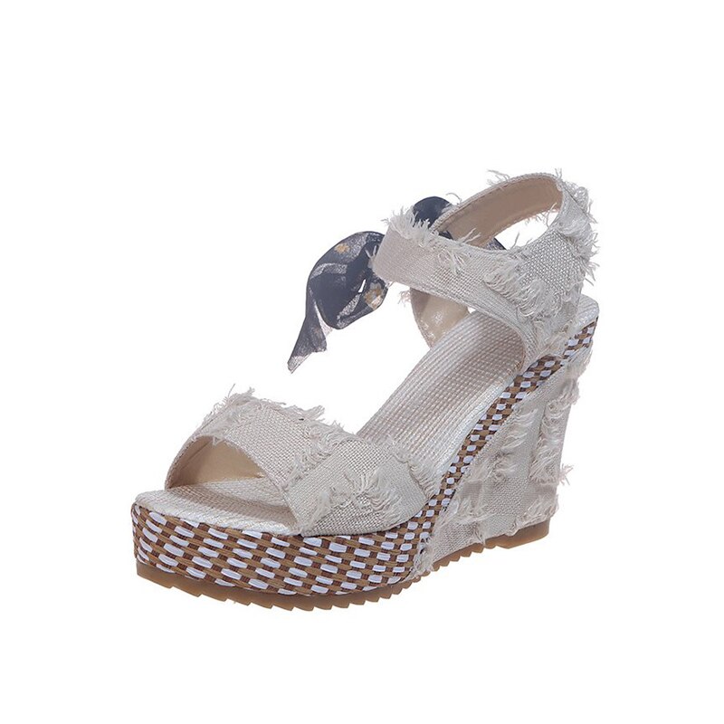 Damen Keil Offene spitze Kurze Plüsch Sandalen Sommer Schuhe Neue Frau Gemischt Farbe Knöchel Gurt Plattform Schuh Weibliche Sandale: Beige / 9