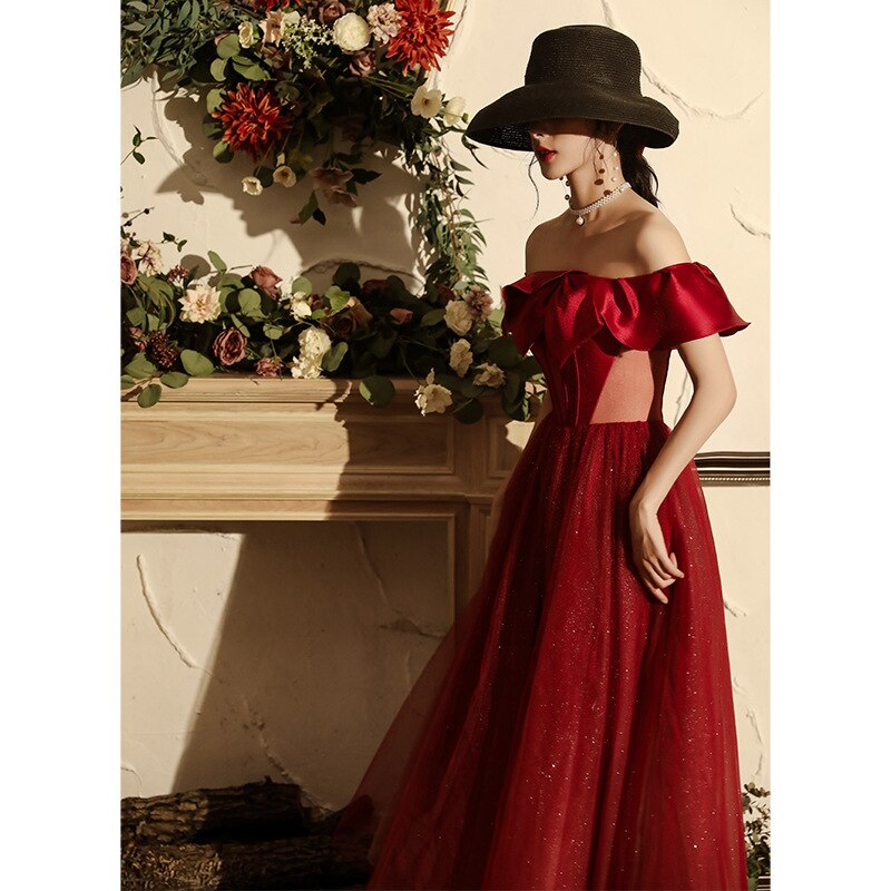 Vestido de noche para mujer, vestido de boda de color burdeos, vestido de novia tostado, Banquete de compromiso de gama alta