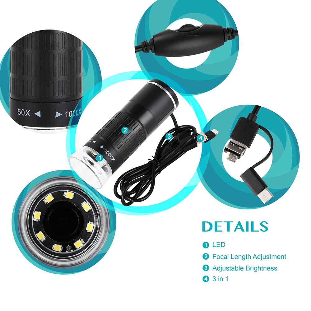 HD Electron Digital Microscope 1000X with 8 LED 3in1 Plug for Mobile Phone PC Skin PCB Inspection Tools Photo Video Recorder