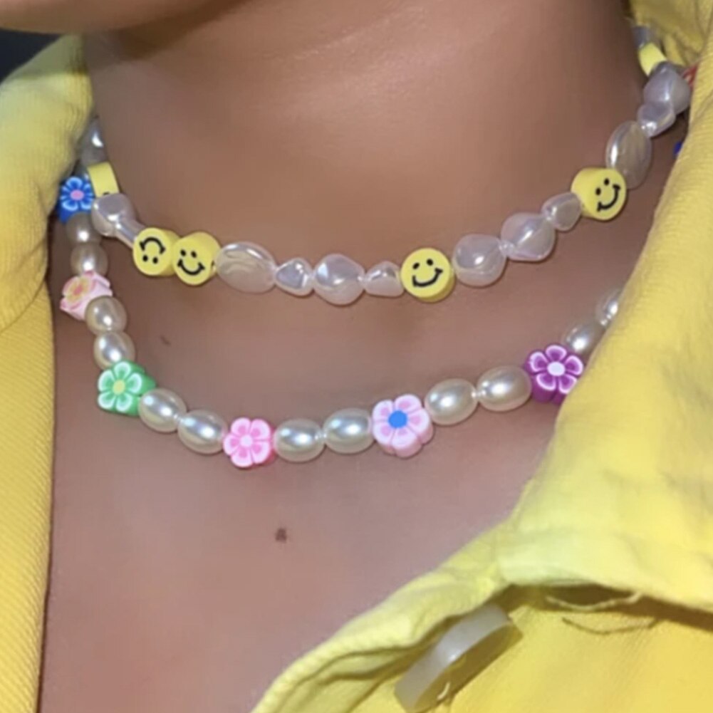Boho Evil Eye Smile Pearl Beaded Necklace For Women Imitation Pearl Christmas Y2K Happy Face Choker Collar Party Jewelry