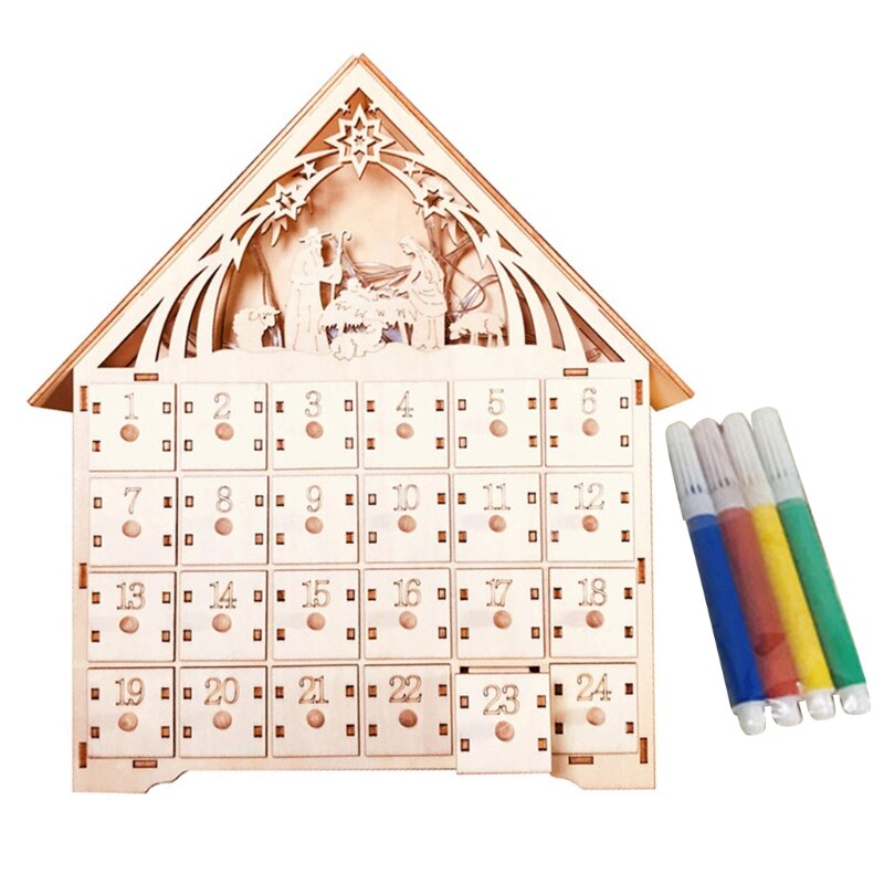Basswood Advent DIY Calendar with 4 Watercolor Pen 24 Pull-out Drawers Christmas