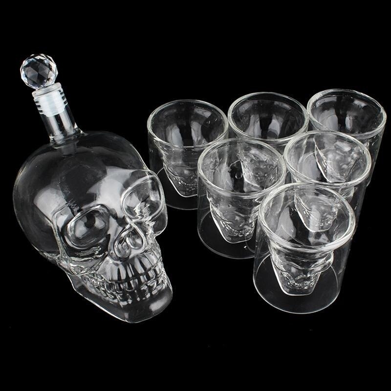 7 pièces/ensemble carafe de visage de crâne en verre avec 6 verres de tir de crâne de 75ml pour le whisky, la Vodka, la bière ou le vin