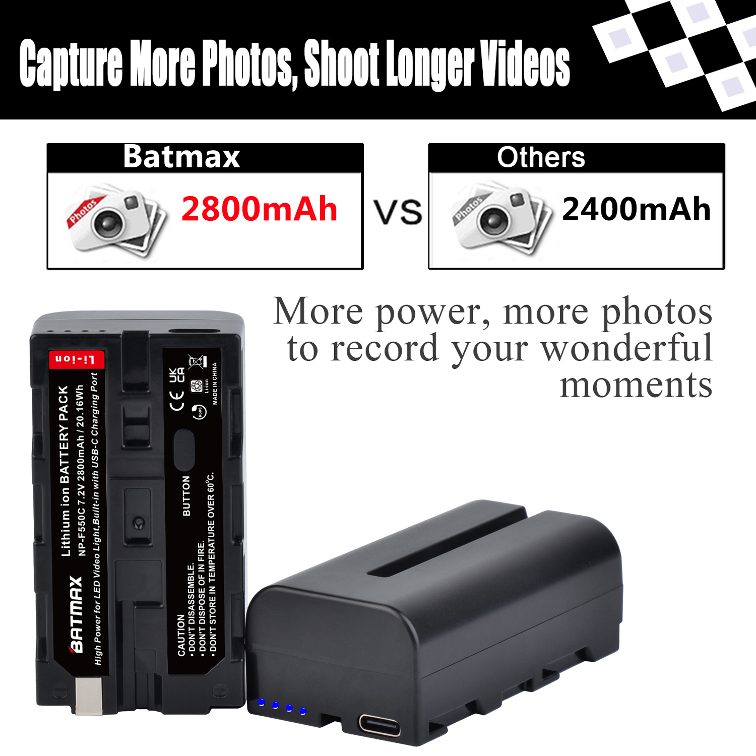 2800 mah innebygd usb-c ladeport batteri for np -f330 np-f530 np f550 np-f570 np-f750 led videolampe fotograferingsbelysning