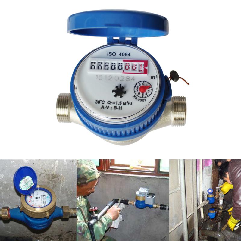 15mm Cold Water Meter for Garden Home Using with Free Fittings 360 Adjustable Rotary Counter Water Measuring Meter 0.0001