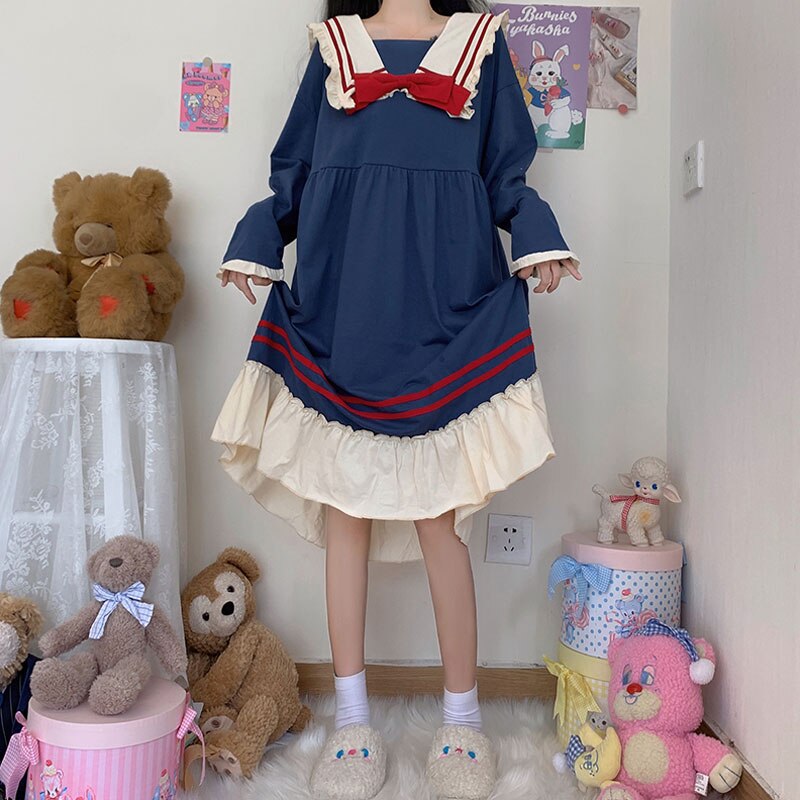 Kawaii Japanese Collar Dresses Autumn Sailor Sweet...  Vicedeal