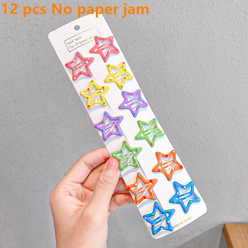 10/12pcs Cute Baby Girl Hair Clips Cartoon Snap Button Candy Color Star Shape Hair Clip Non-Slip Baby Clip Kids Accessories: 10
