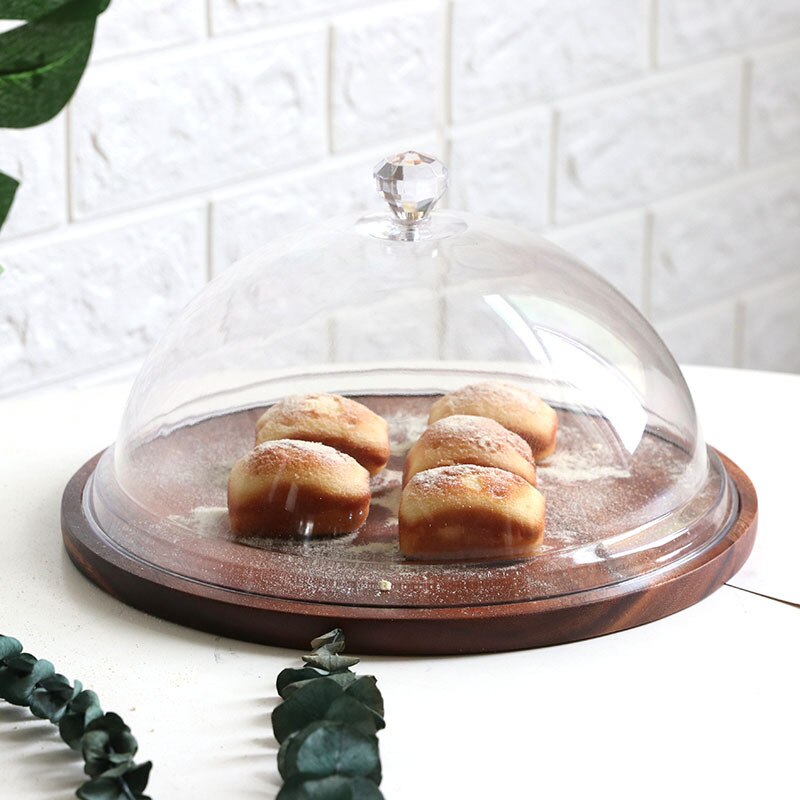 Acacia Wood Dessert Serving Tray Cake Stand with Acrylic Transparent Dome Household Bread Pastry Display Board for Party