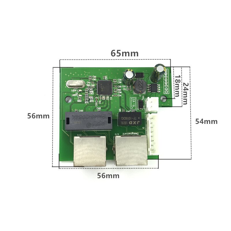 OEM fabbrica diretta mini veloce 10/100 mbps 2 porta di rete ethernet lan hub interruttore bordo due strati di pcb 2 rj45 1 * porta testa 8pin