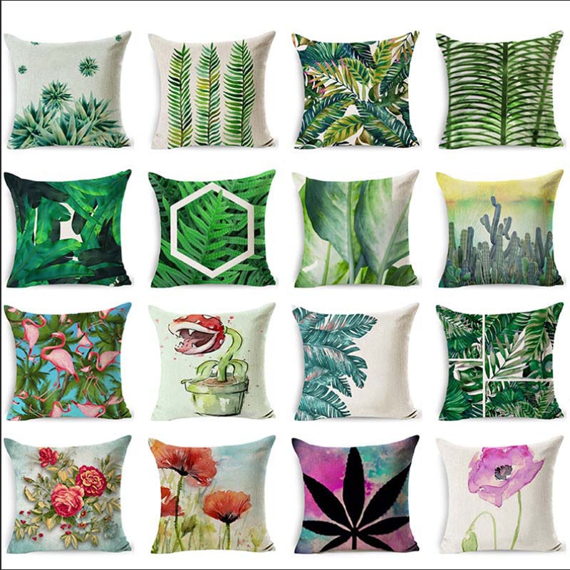 18 Home decoratieve kussens katoen linnen sierkussen groene bladeren print gezellige rugleuning kussen beddengoed kussensloop LXC