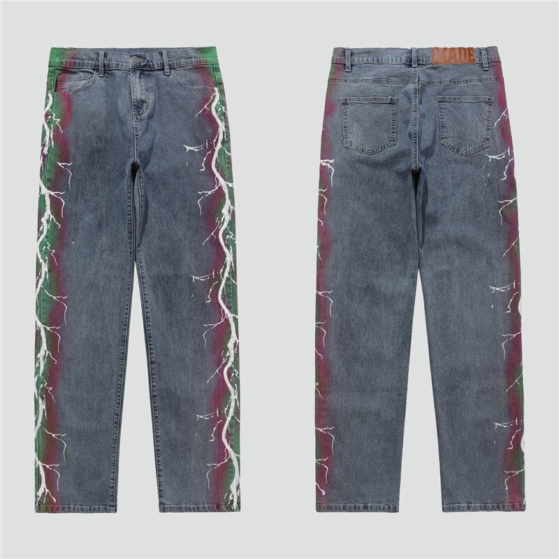 Pantalones de ropa informal estilo Hip Hop estampado de rayos vaqueros Harajuku Vintage Denim lavado pantalones Goth Punk pantalones holgado Casual pantalón: Blue / S