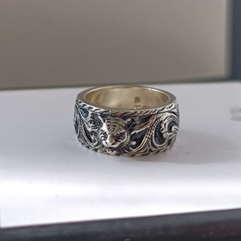 S925 Pure Silver Restoring Rings,Tide Restoring Ancient Ways Dark Tiger Man Couple Ring Double G Glamour Jewelry Letters