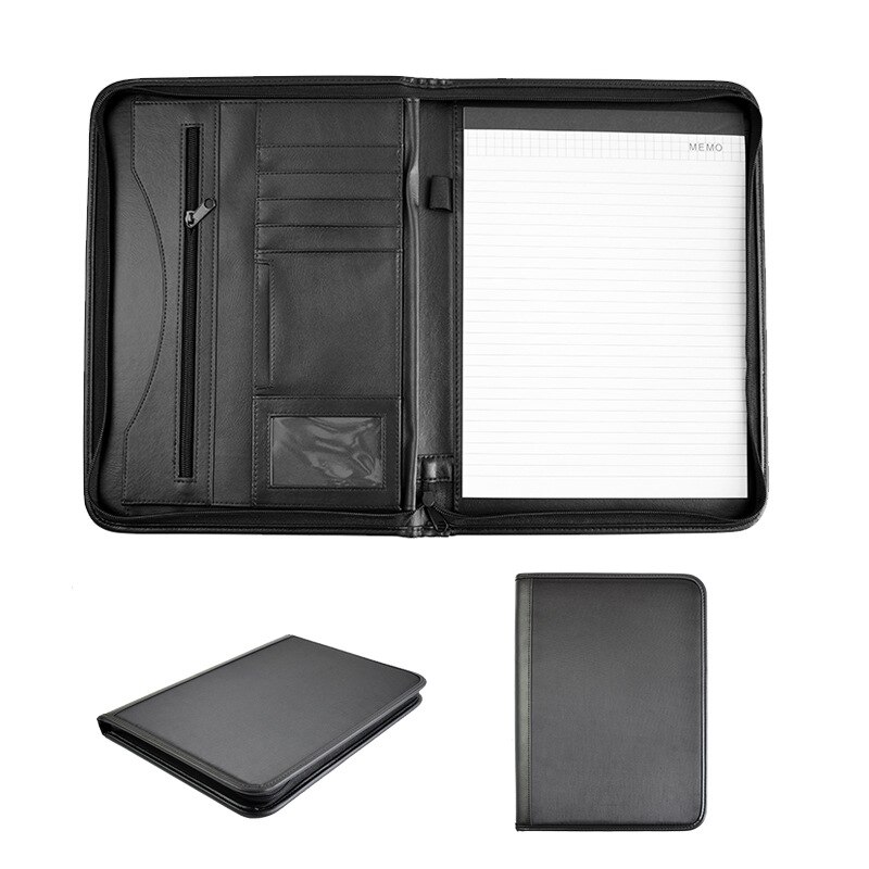 Mapp dokumentförvaring pu-läder padfolio företagsportföljhållare organisatör med dragkedja för kortplats