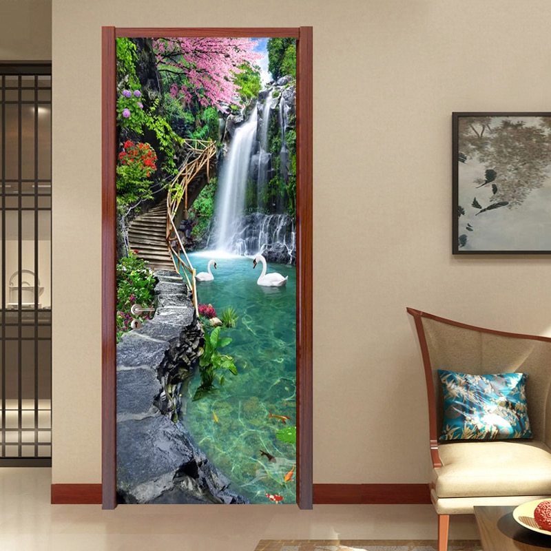 3D Nature Landscape Waterfalls Door Wall Sticker Living Room Kitchen Pvc Self-Adhesive Waterproof Sticker On The Doors Wallpaper