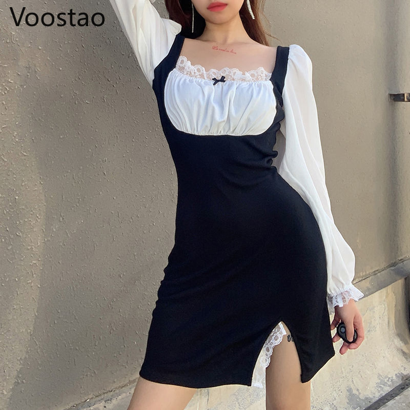 Vestido de encaje de manga larga estilo Retro victoriano para mujer, vestido de con cuello cuadrado, estilo japonés