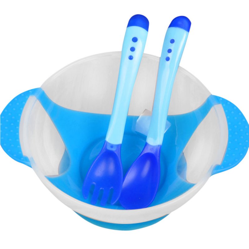 3 platos de aprendizaje para bebés con ventosa, tazón de comida con sensor de temperatura, cuchara para bebé, juego de tazón y cuchara, vajilla para bebé: Azul cielo