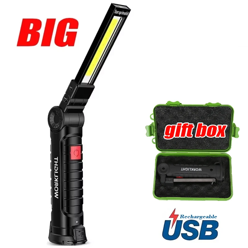 COB LED Work Light Dimmable USB Rechargeable LED Flashlight Inspection Lamp With Magnetic Hook Power Bank 18650 Battery Torch: green