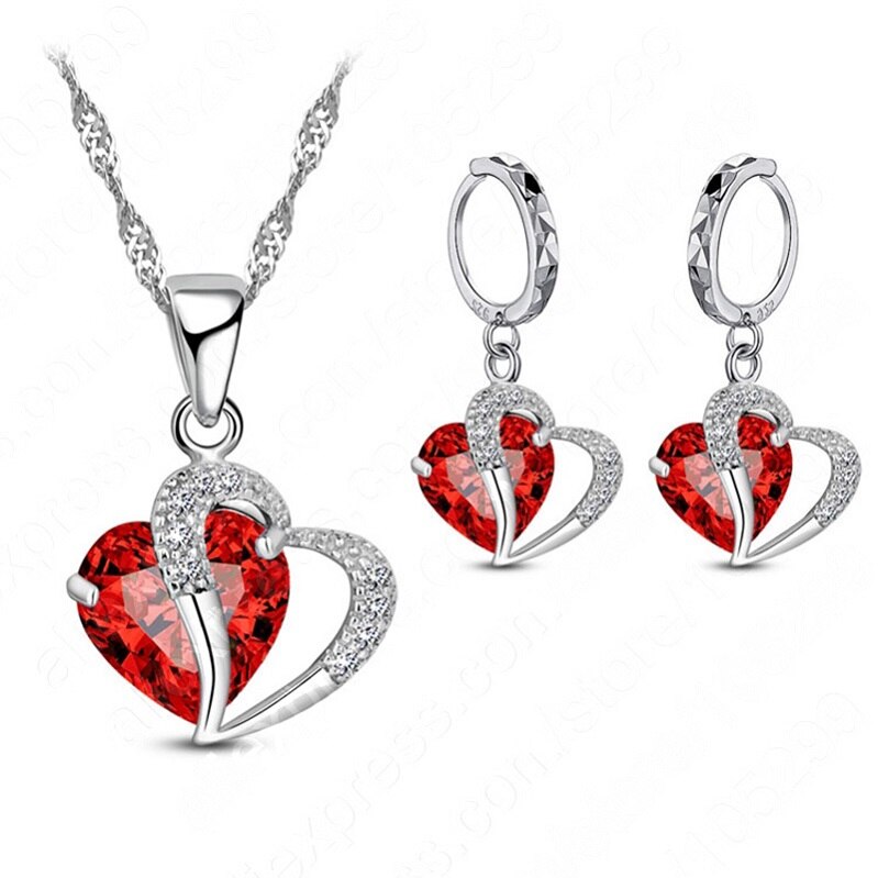 Luksus kvinder 925 sterling sølv cubic zircon halskæde vedhæng øreringe sæt brusk piercing smykker bryllup hjerte: Rød