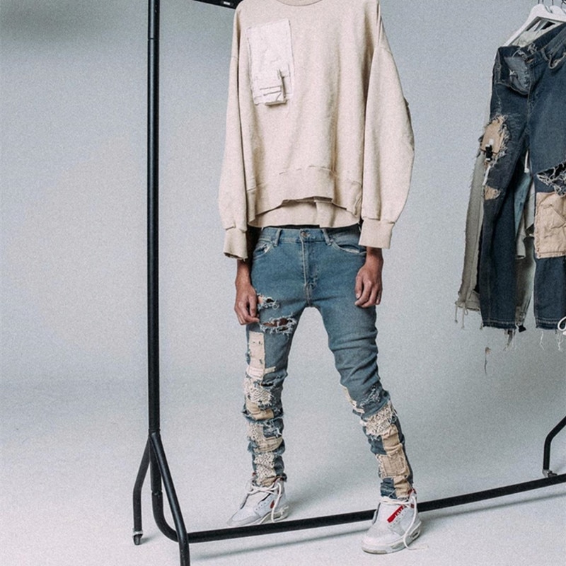 Pantalones vaqueros ajustados para hombre, Jeans rasgados rotos, estilo Hip Hop, pitillo, pantalones con parches bordados
