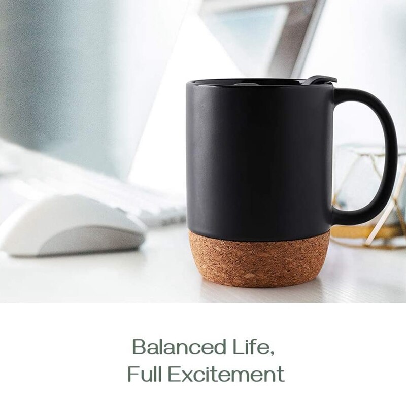 Coffee Cup, 15 Oz Ceramic Mug with Insulated Cork Bottom and Splash Cover, Large Cup with Handle, Black