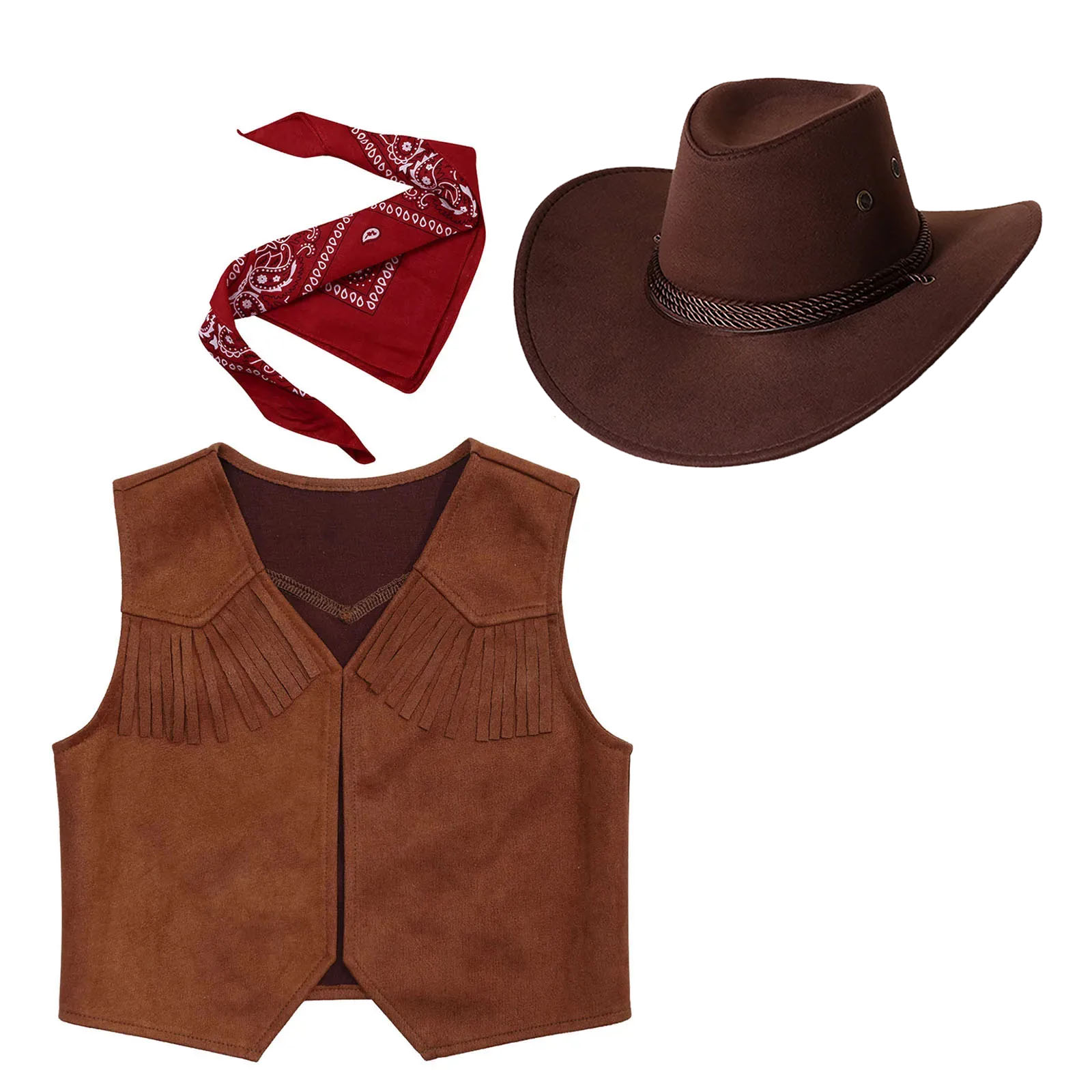 Wild West Cosplay Cowboy Cowgirl Costume Halloween Dress Up Clothes Fringe Sleeveless Vest with Bandanna Hat Set: XL / Beige