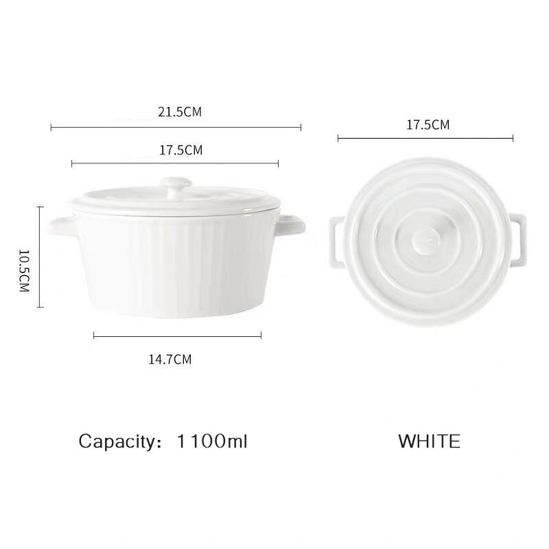 Moderne Minimalistische Dubbele Oor Keramische Kom Met Deksel Studentenflat Thuis Salade Instant Noodle Kom Magnetron-Verwarmbare Soeppan: White