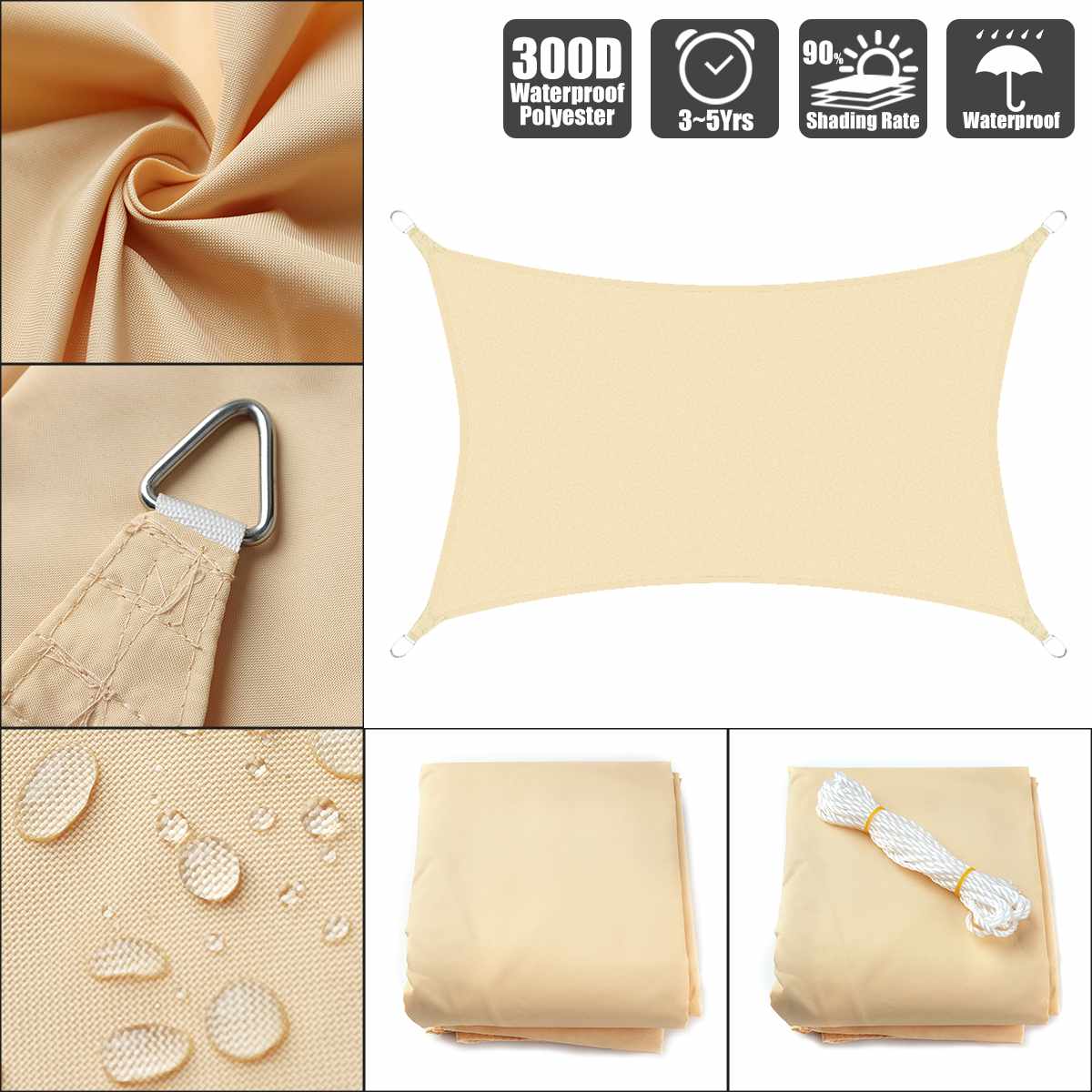 2.5x3 14 color Sun Shade Sail Outdoor Patio Lawn Pool Rectangle Cover Block Canopy Swimming Pool Cover Sunscreen Tent Waterproof: Beige