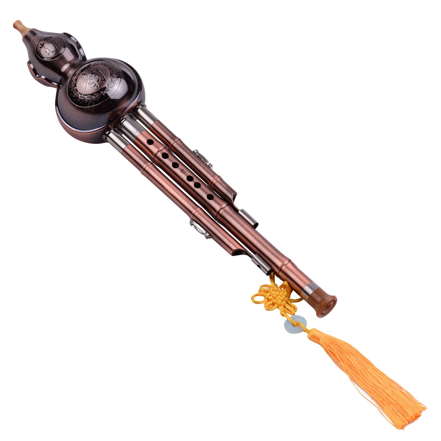 Flauta de aluminio con tubos chapados en cobre, instrumento tradicional chino con funda de nudo chino, 3 tonos c-key Hulusi calabaza Cucurbit