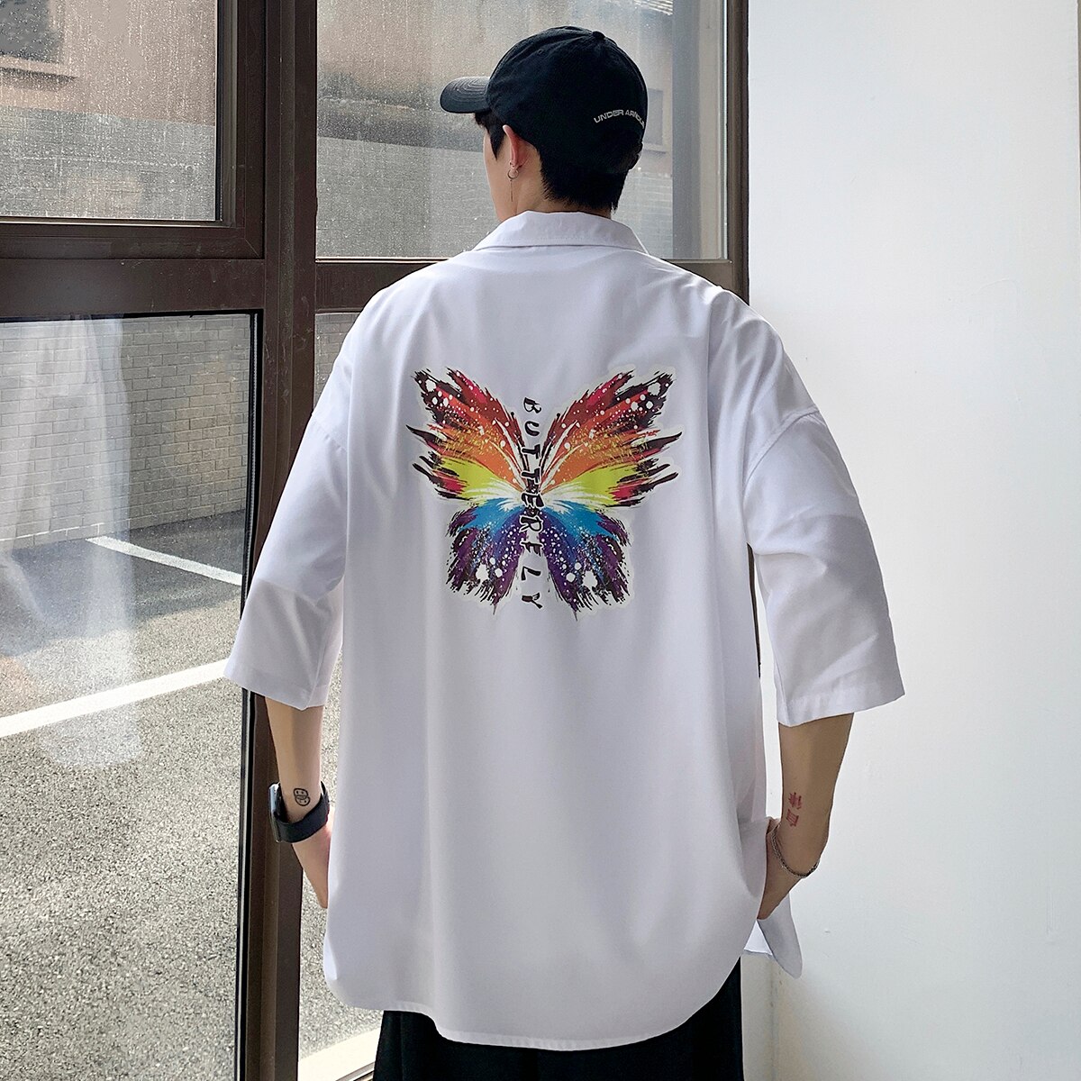 Lappster herre sommerfugle print hawaiiansk skjorter sommer herre harajuku koreansk hvid skjorte kortærmet mænd afslappet bluse ins: Hvid / Xxl