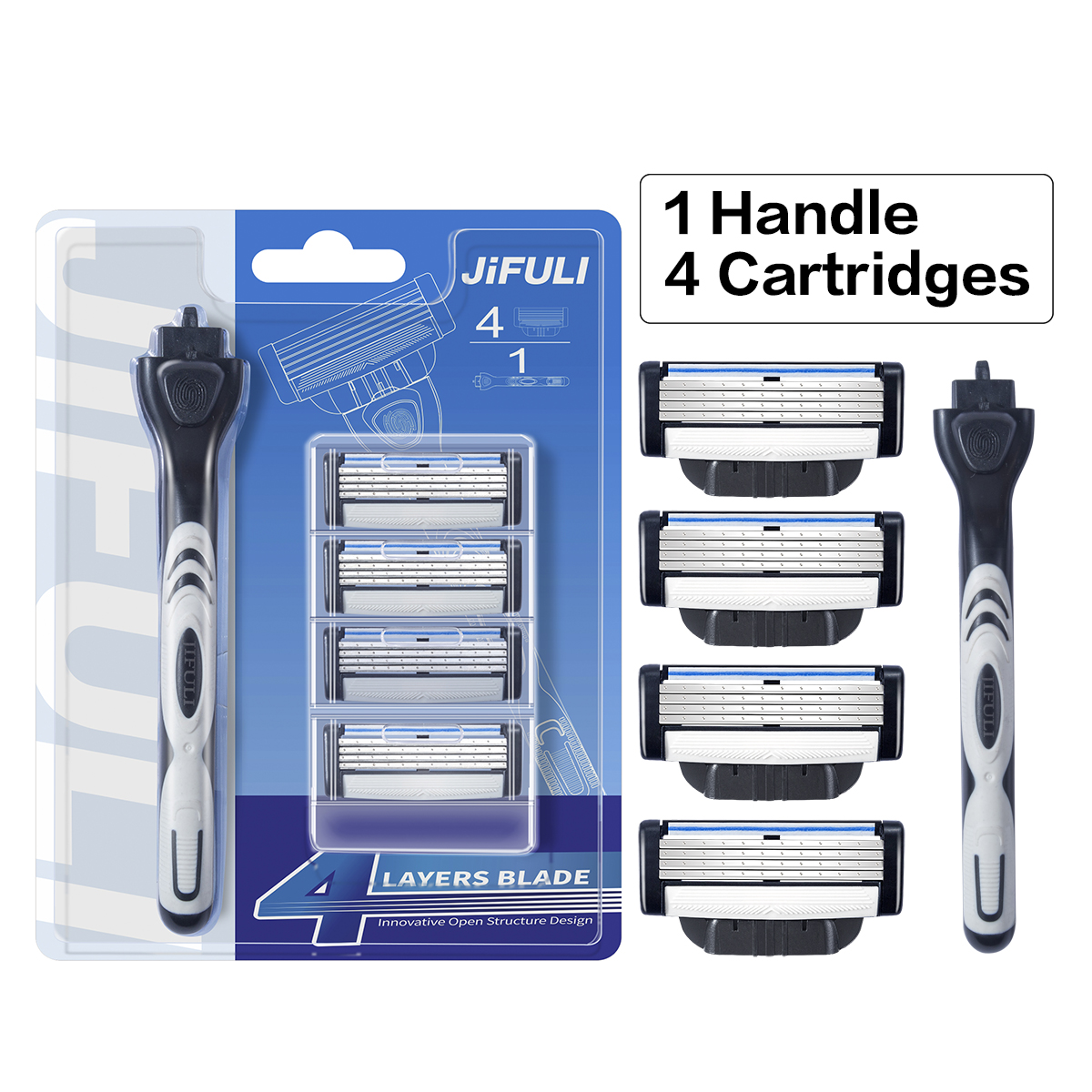 Cuchilla de afeitar de seguridad para hombre de , cartuchos de afeitado de acero inoxidable alemán de 4 capas, Compatible con afeitadora Mach 3, hoja reemplazable: Plata