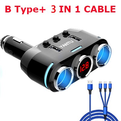 Bil gadget produkter bil cigarettænder stik splitter stik led usb oplader adapter med usb til iphone hurtig oplader 5v/3a: B type 3 i 1 kabel
