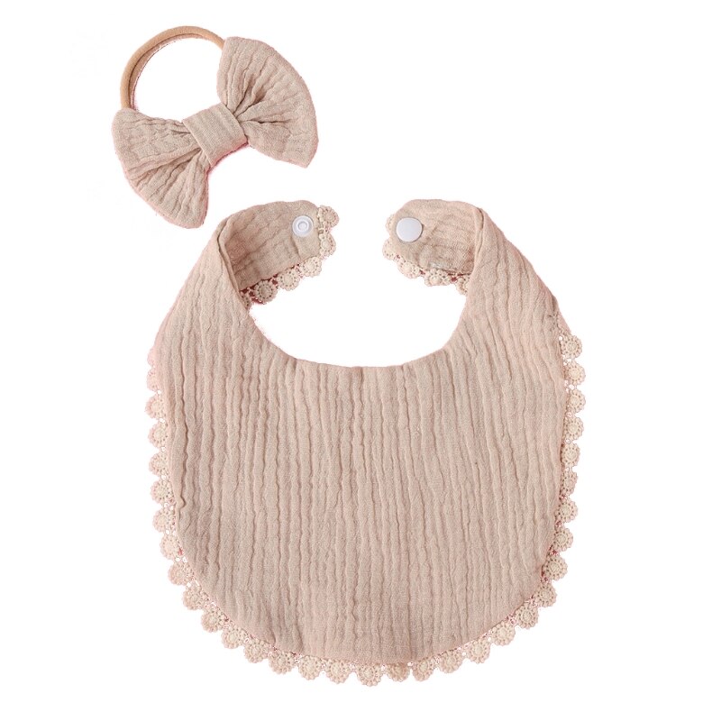 2 Stks/set Baby Meisjes Elastic Bow Hoofdband Speeksel Handdoek Set Prinses Strik Haarband Bib Kit Burp Doek Hoofddeksels Douche: KH