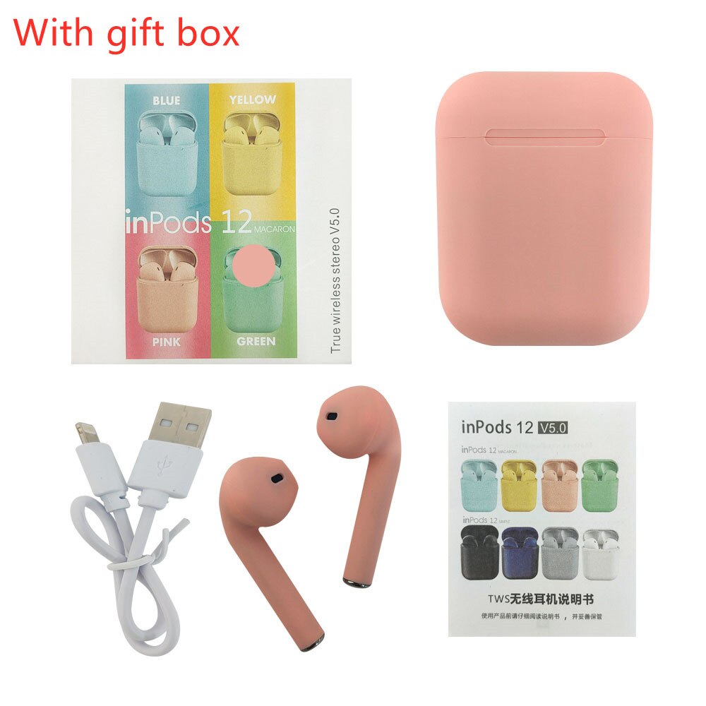 i12 Tws Wireless Headphones Bluetooth 5.0 Earphone Matte Macaron Earbuds Handsfree With Mic Charging Box Headset for all phones: 3049-E-1