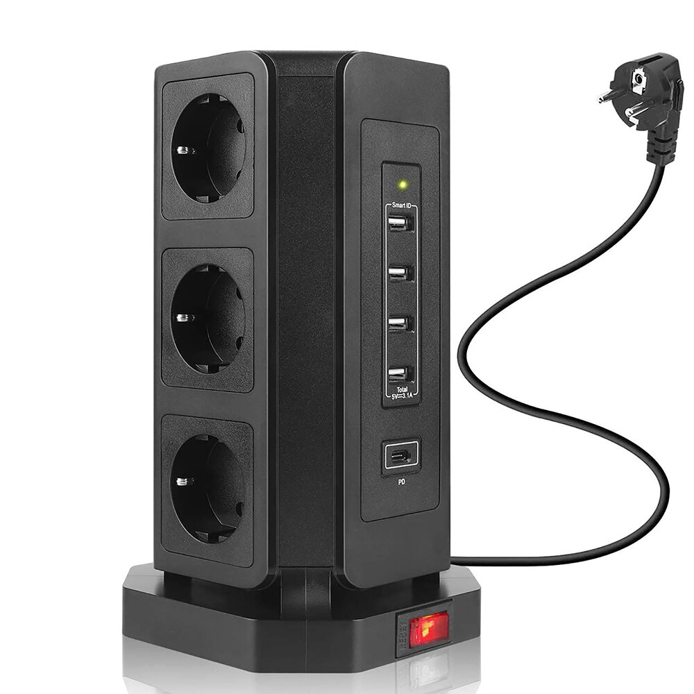 Multiprise verticale prise électrique ue prise de courant 9 voies prise tour USB-C Ports 2m Protection contre les courts-circuits: All Black