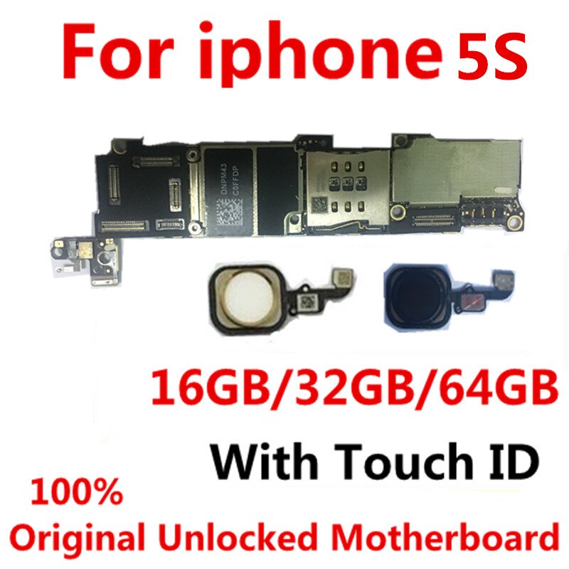 100% Original unlocked for iphone 5S Motherboard Without Touch ID/With Touch ID,for iphone 5S Logic boards,16gb / 32gb / 64gb